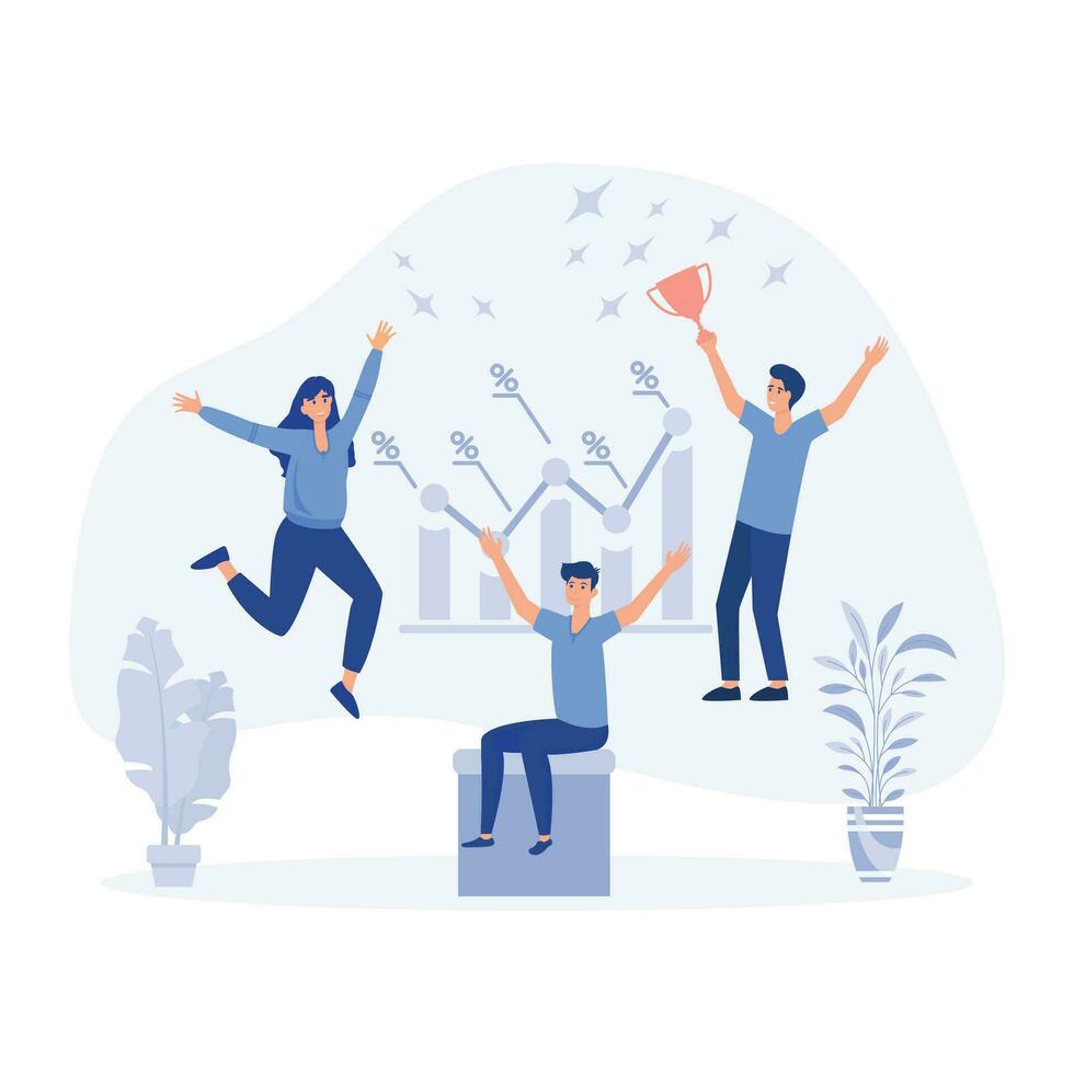 Succes business concept, Employee jumps in the air with trophy cup.  flat vector modern illustration