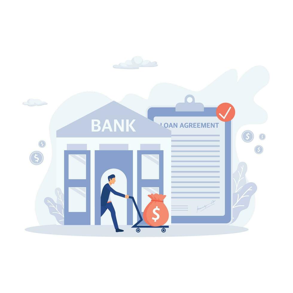 Businessman rolls a cart with money from the bank, Approved loan concept, flat vector modern illustration