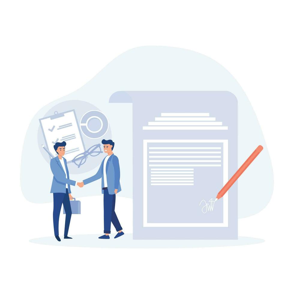 business concept,  Business people standing on a signed contract and shake hand, flat vector modern illustration