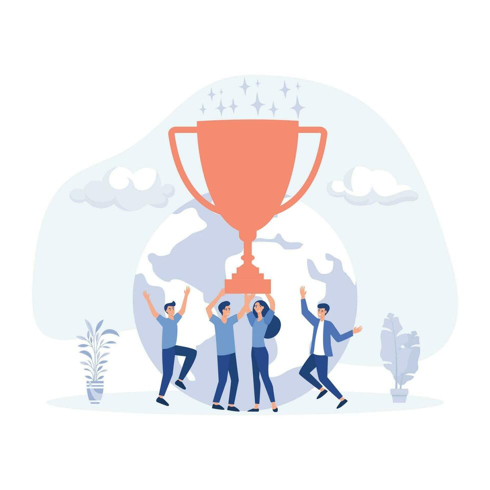 Succes team concept, people celebrate success achievment by holding a big goblet,  flat vector modern illustration