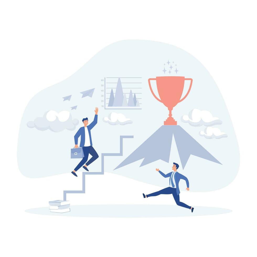 startup business to success, Businessman jumping on the graph to goal. Trophies on mountain,  flat vector modern illustration