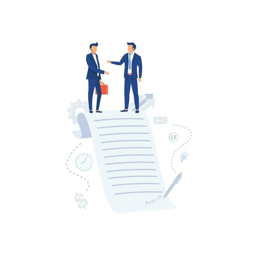 Business people standing on a signed contract, flat vector modern illustration
