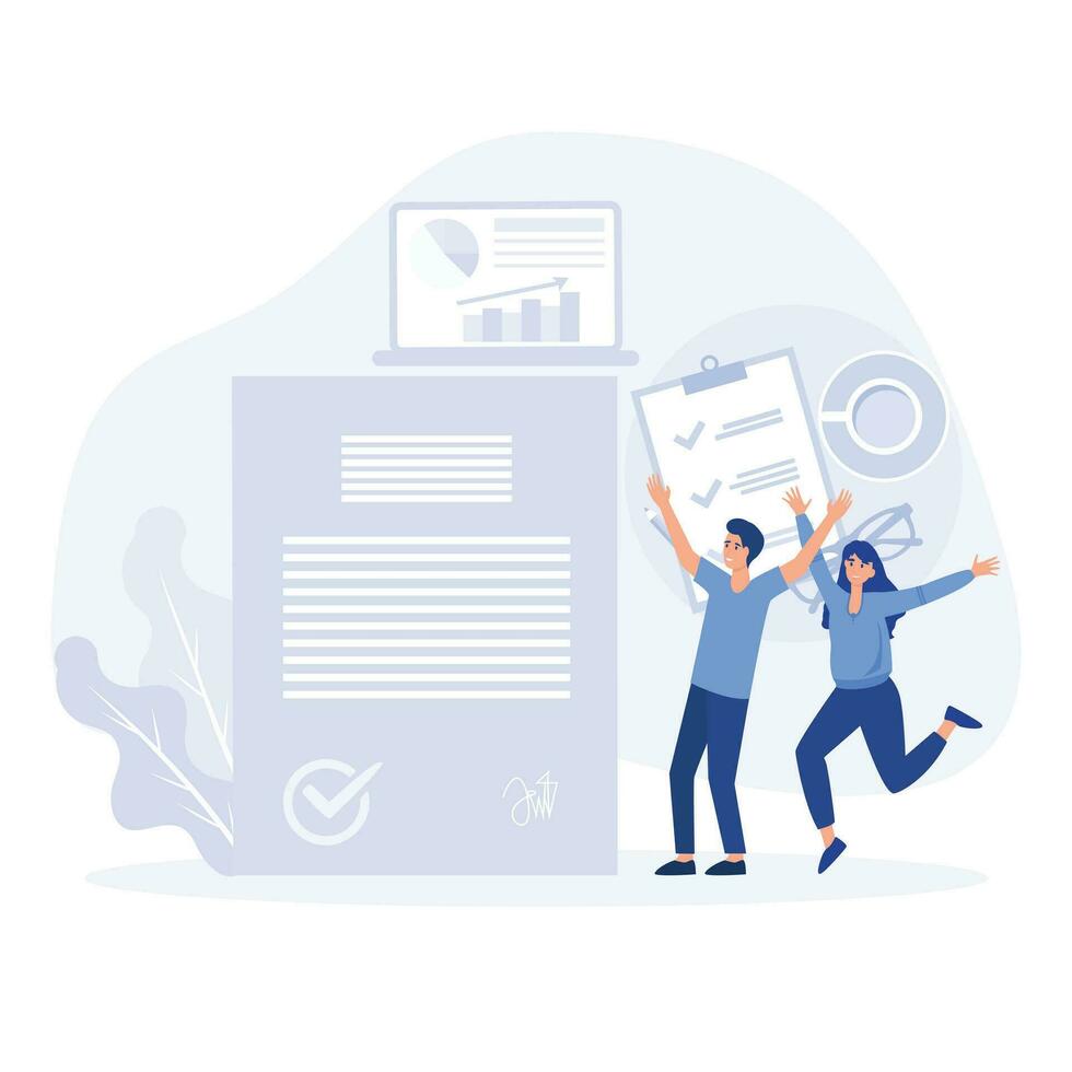 Credit agent holds loan approval application document with approved stamp in hand, flat vector modern illustration