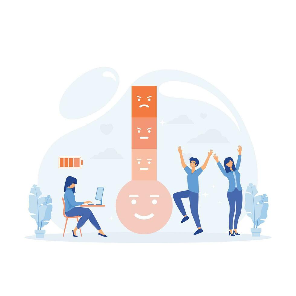 Thermometer as stress level scale emotions, mood, Fully charged active mentally healthy employee,  flat vector modern illustration