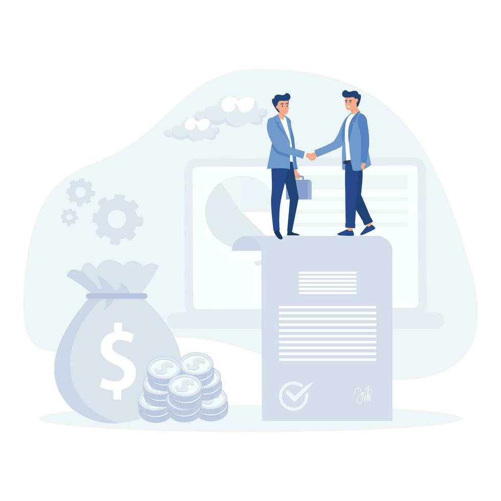 financial support concept. Businessman shaking hand with loan agreement and money bag, flat vector modern illustration