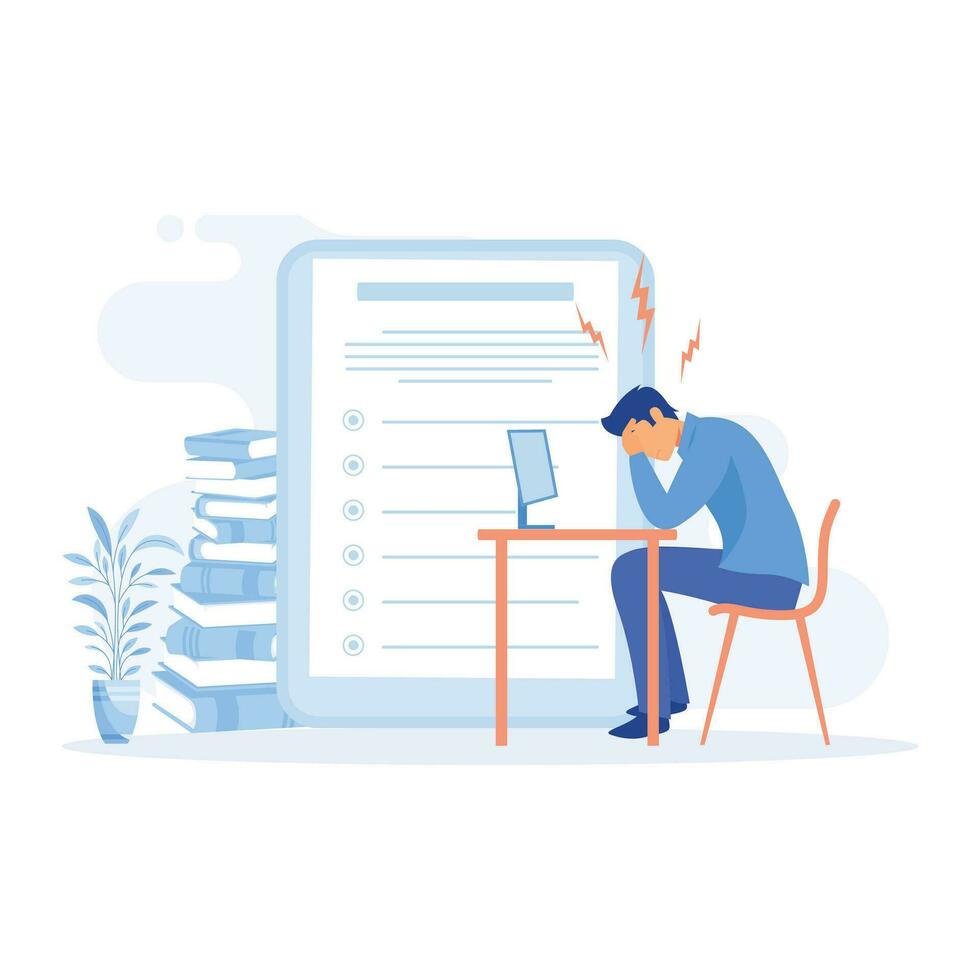 Stress in the office, Tired and exasperated office worker is grabbed his head among piles of papers and documents,  flat vector modern illustration