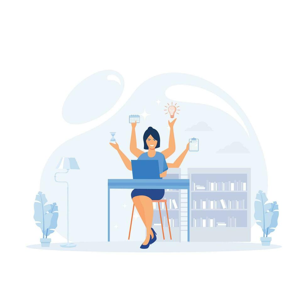 Time Management, Woman in Workplace with Multitasking Work,  flat vector modern illustration