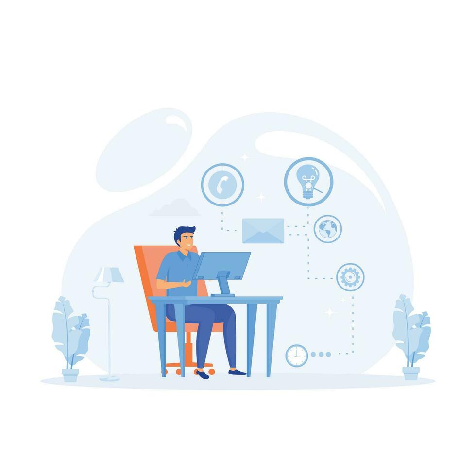 time management and productivity concept, Happy business man with multitasking skills ,  flat vector modern illustration