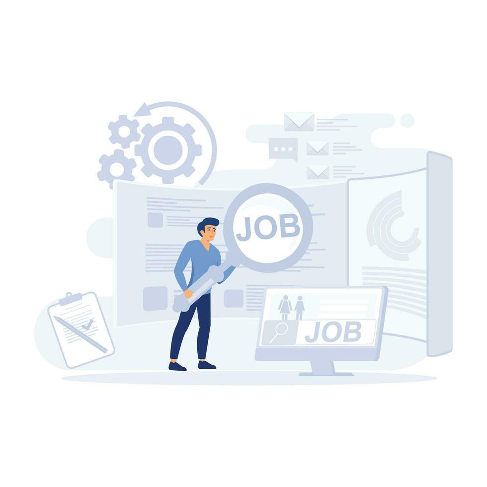 Find Job Online, Unemployed Character Look for Information with Tool. flat vector modern illustration