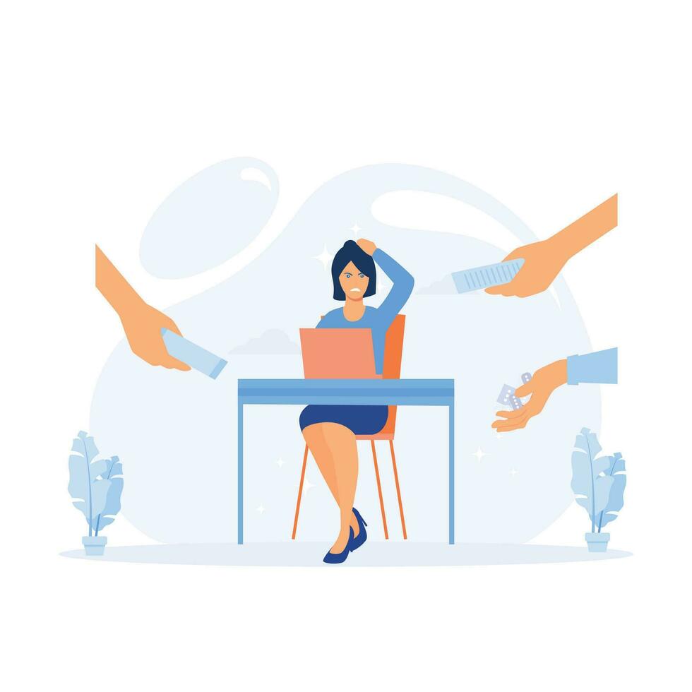 Multitasking and Time Management Concept, Business Woman Surrounded by Hands with Office Things,  flat vector modern illustration