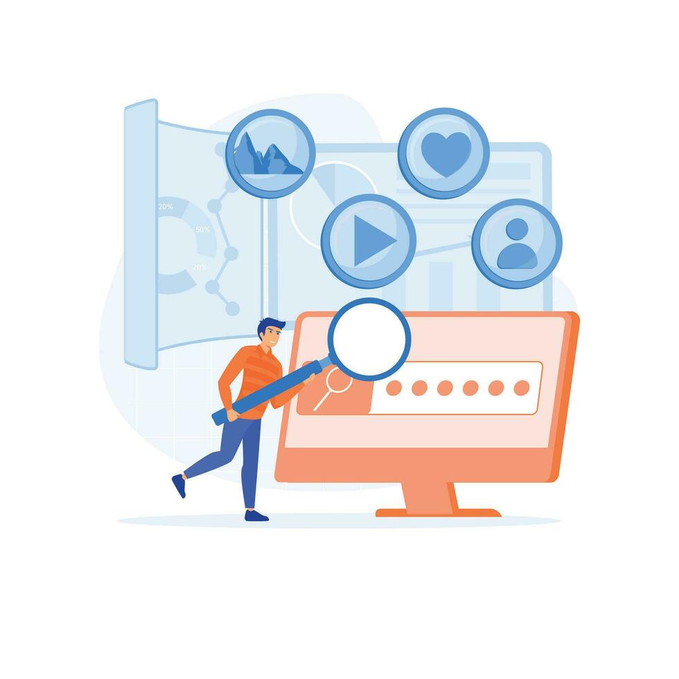 Seo targeting and performance concept.  People analyzing market trends and planning seo optimization. flat vector modern illustration