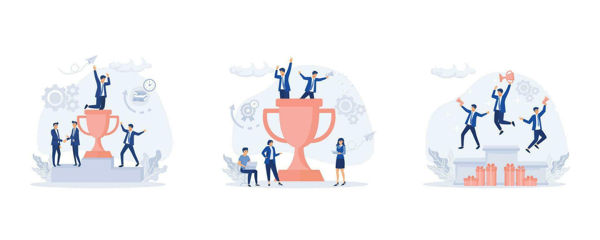 Succes team  celebrate success achievment. People standing on the podium rank first, set flat vector modern illustration