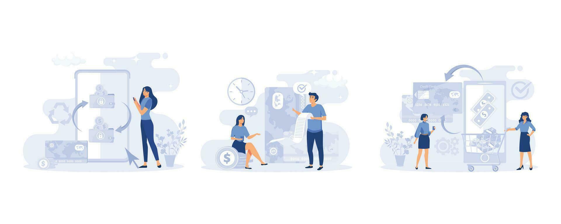 Characters paying online and receiving bonus money or reward back on credit card. Cashback, financial savings and money exchang. flat modern vector illustration