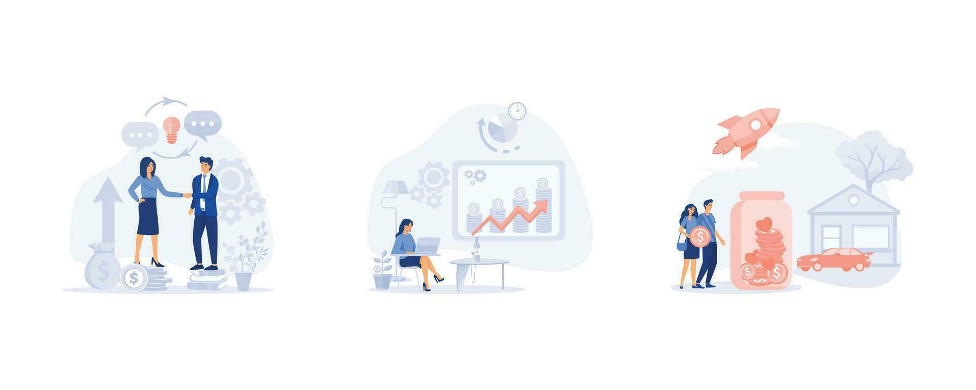 Income growth chart. financial report graph. Home Savings and Investment Money. Business people shaking hands. set flat modern vector illustration