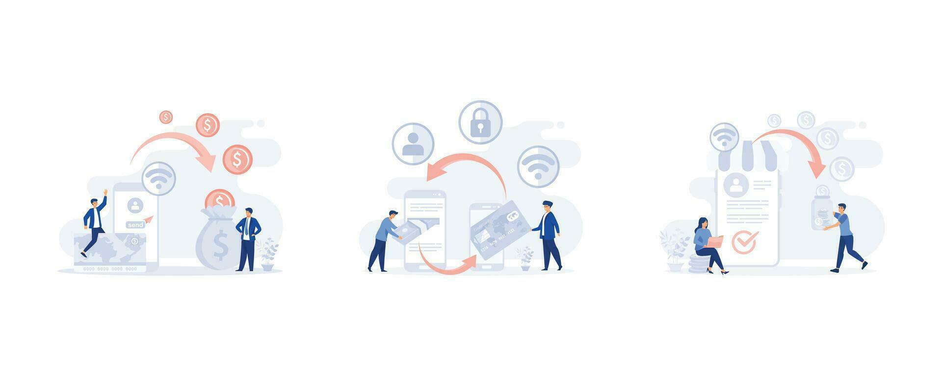 cash to electronic account on Internet to man. money transfer, Financial transactions. set flat modern vector illustration
