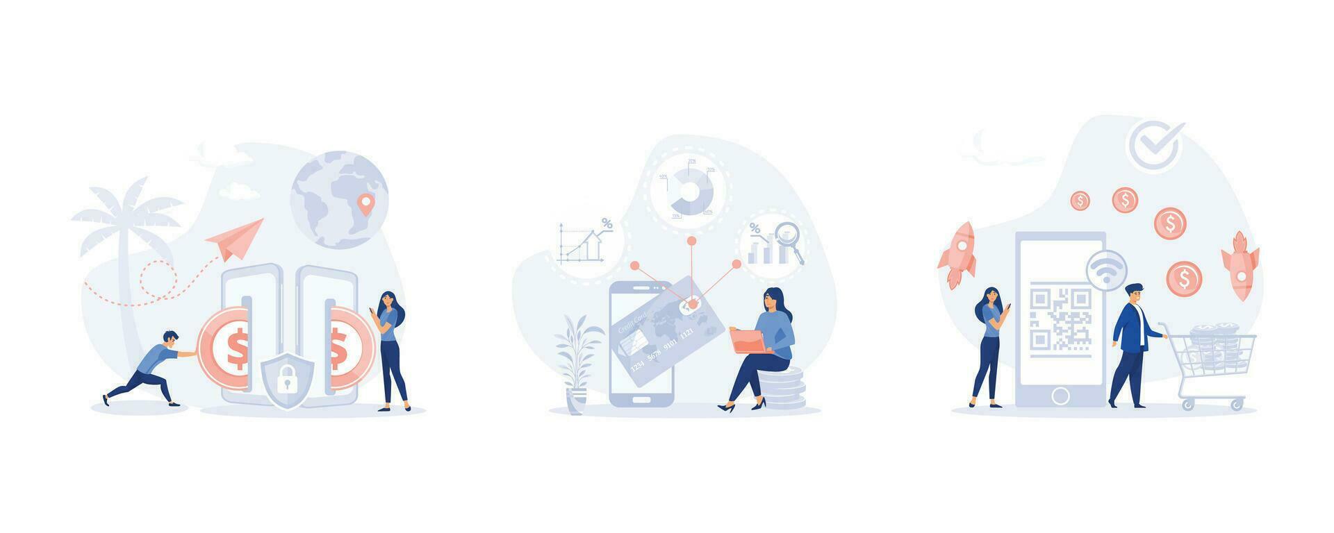 Pos-terminal and payment systems. transfers money. Virtual finance concept with outline people, set flat modern vector illustration