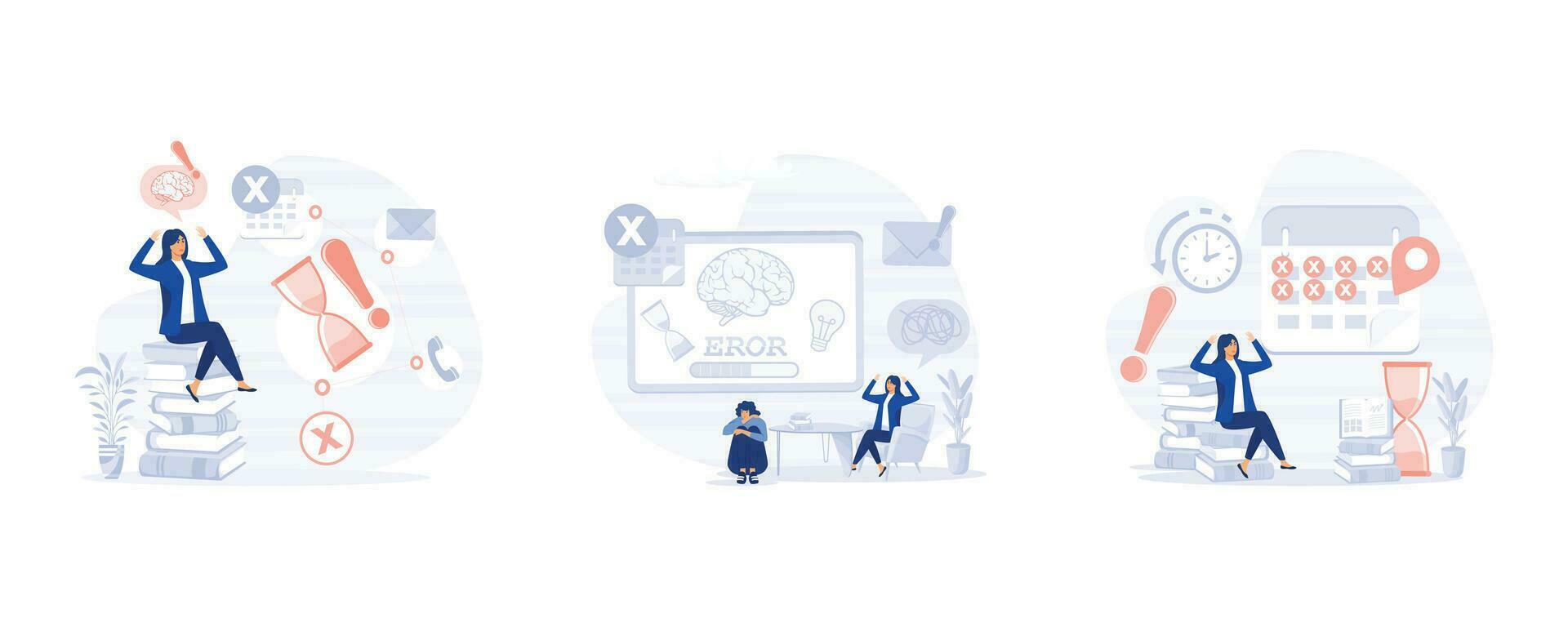 Rush work, people having stress moment chasing deadline, Overworked businesswoman, set flat modern vector illustration