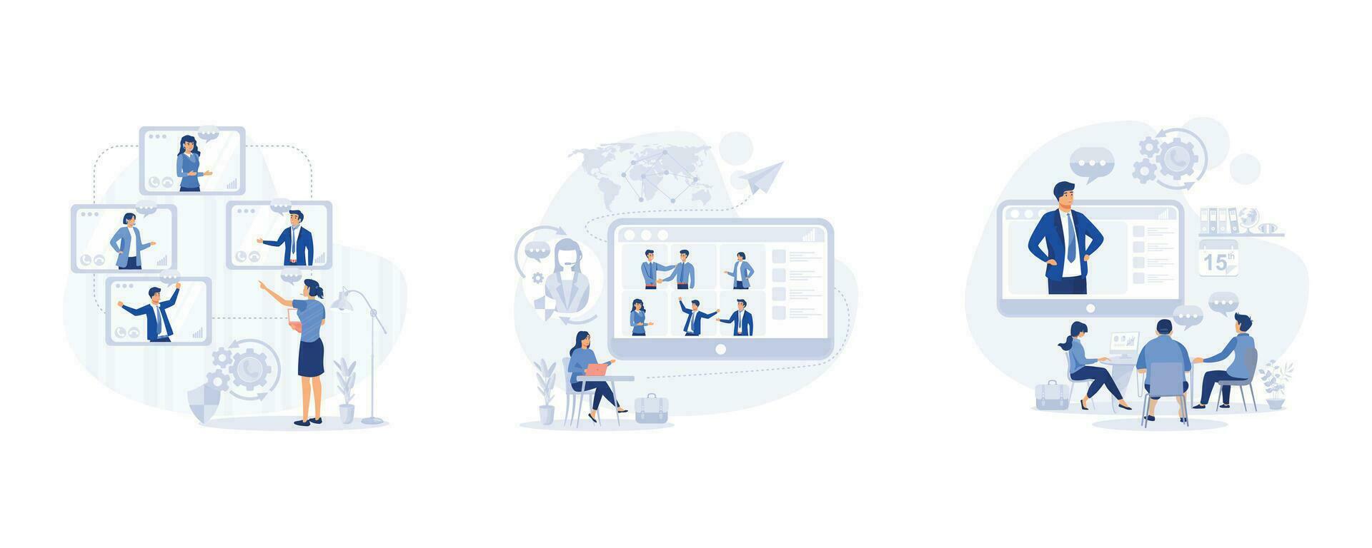 Video conference, video conference remote working on laptop computer, Online meeting with CEO, manager or director, set flat modern vector illustration