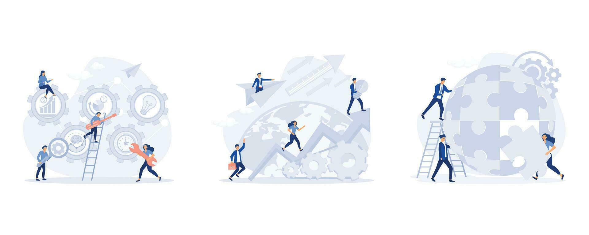 Man and woman business organization with circle gear, People challenge teamwork up, Coworking and problem solving concept, set flat modern vector illustration