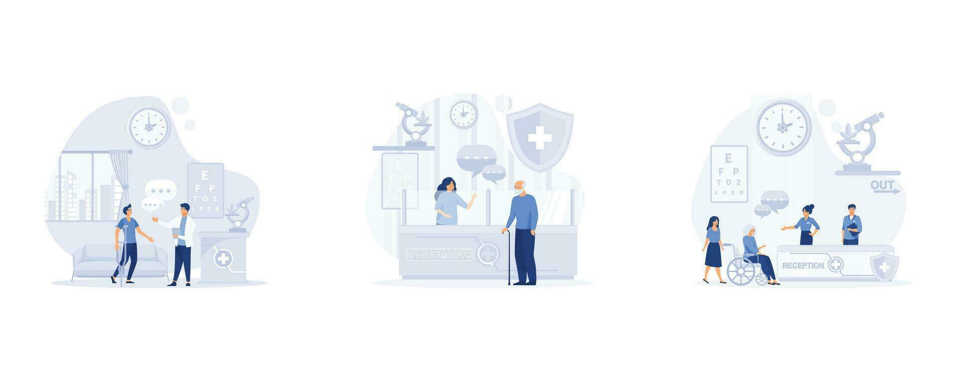 Modern clinic reception, checking in for appointment, Waiting room with disabled man. Healthcare. set flat vector modern illustration