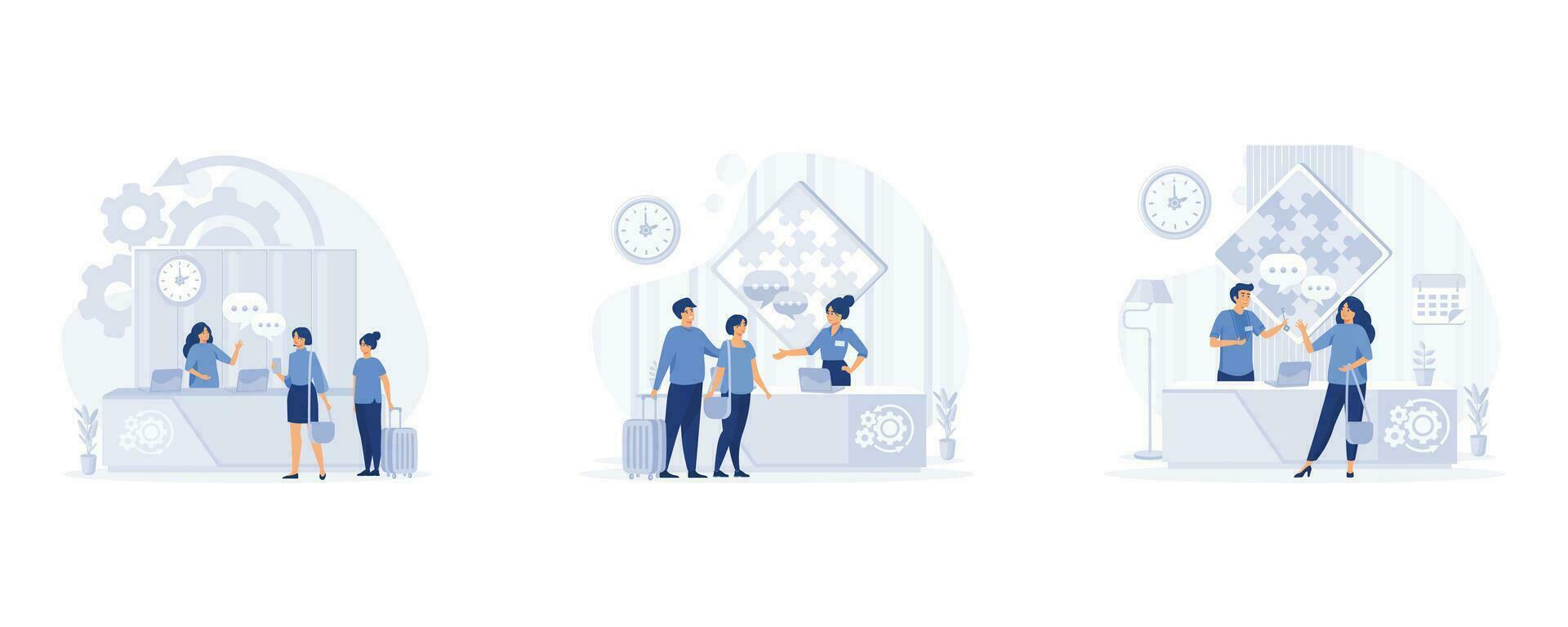 Hotel reception, Male customer standing at reception desk and talking to female receptionist.  set flat vector modern illustration