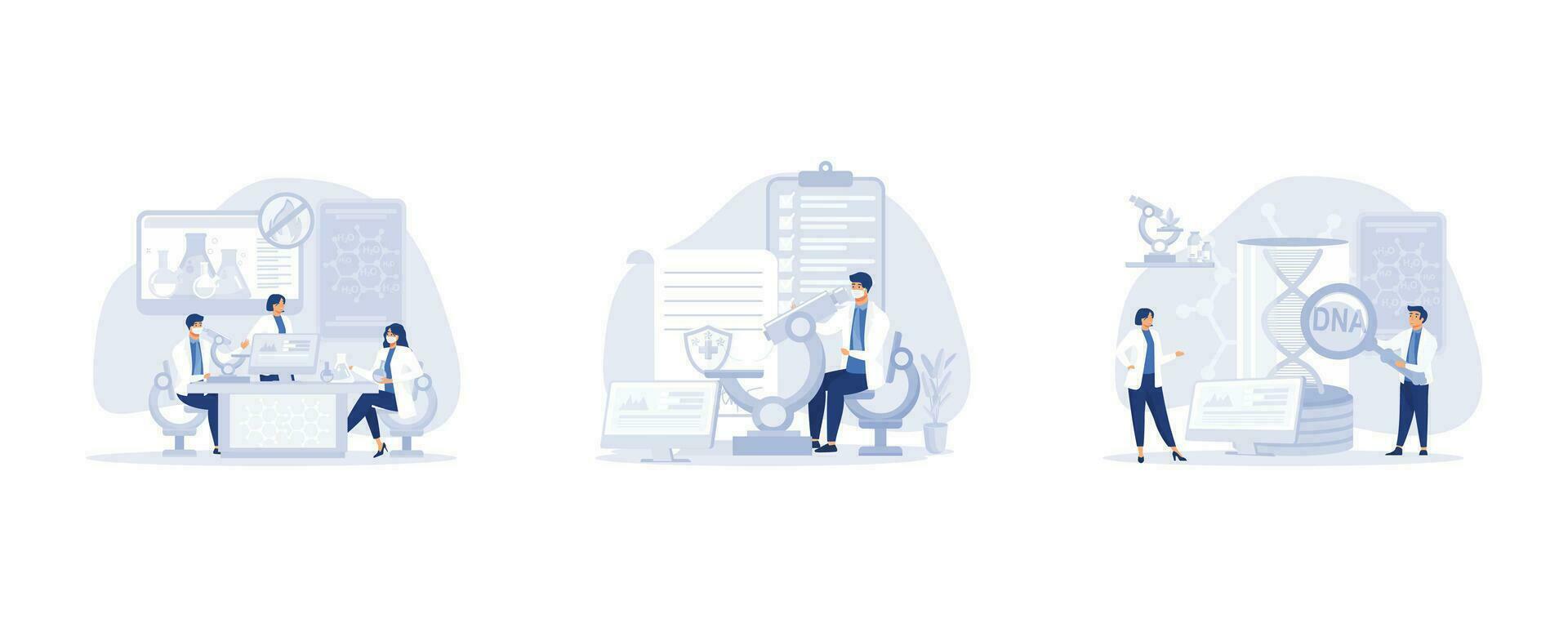 Medical laboratory, research experiment biology molecular concept. chemical laboratory analysis, set flat vector modern illustration