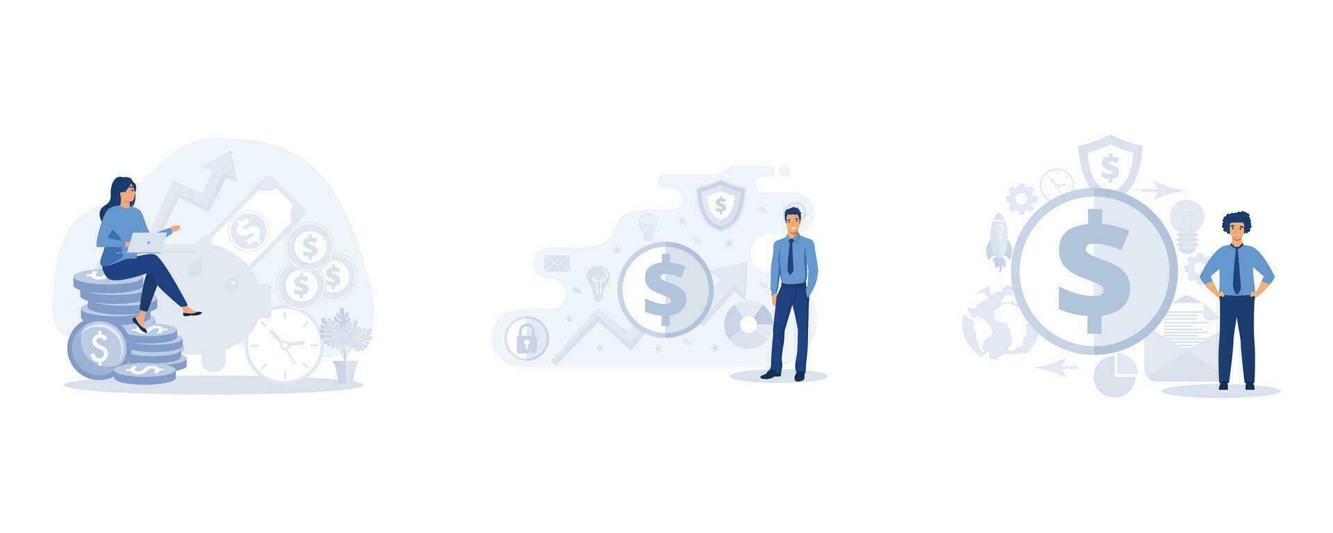 Successful investor or entrepreneur, Investment in innovation, guarantee of security financial savings and money turnover, set flat vector modern illustration