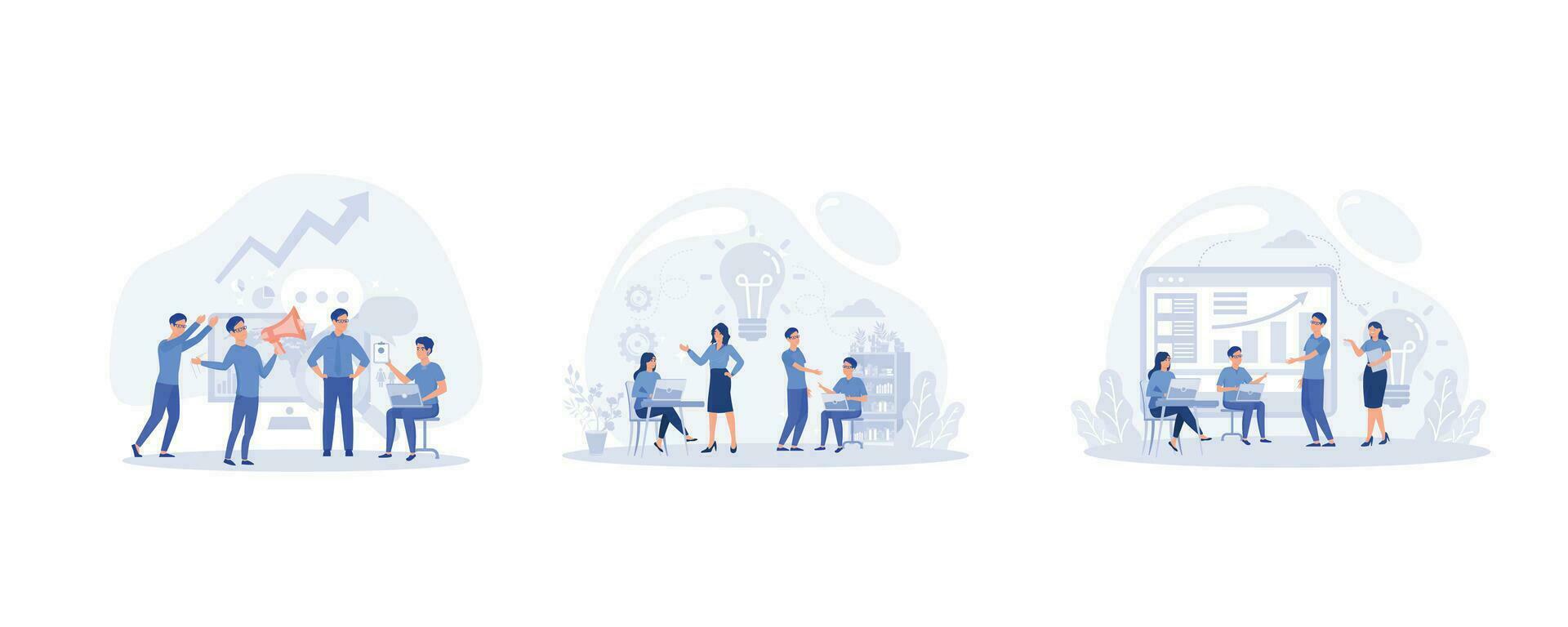 People workers cartoon characters searching for new ideas, working together in the company, online assistant at work, set flat vector modern illustration