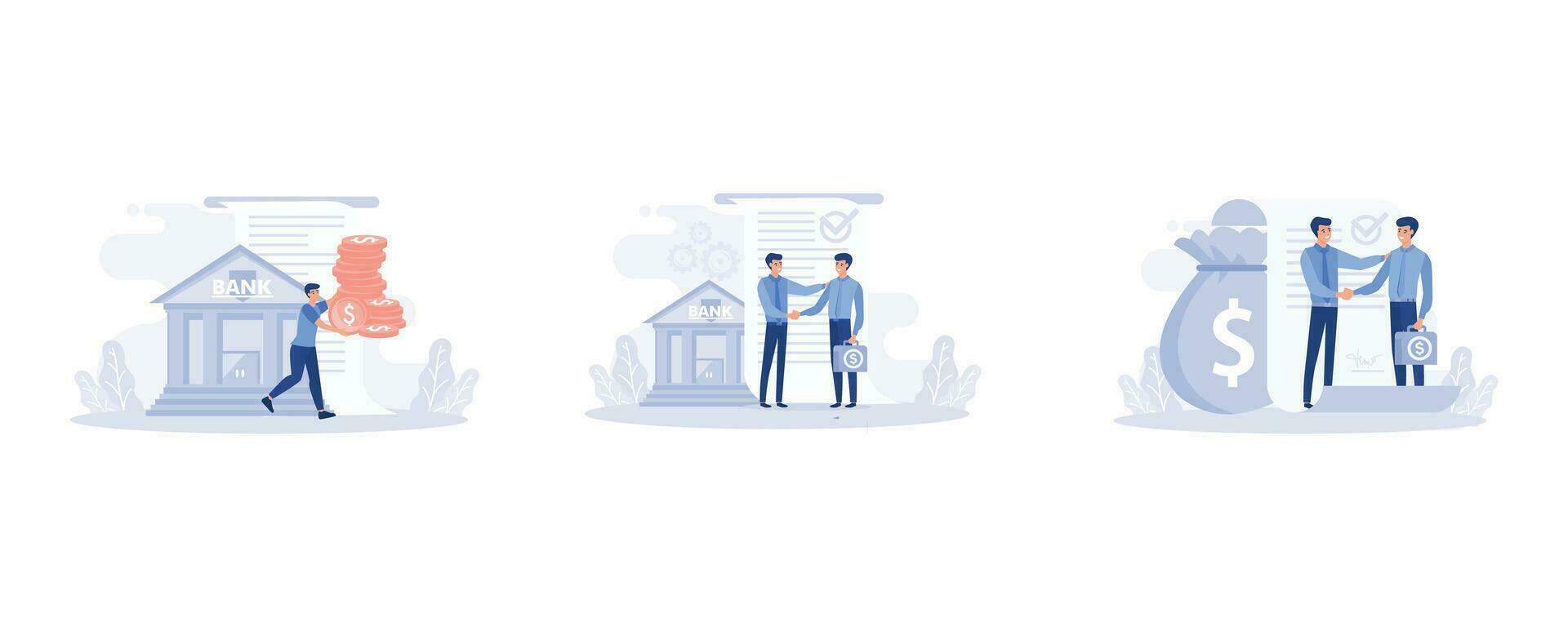 Businessman rolls a cart with money from the bank, personal loan or financial support, Businessman shaking hand with loan agreement and money bag, set flat vector modern illustration