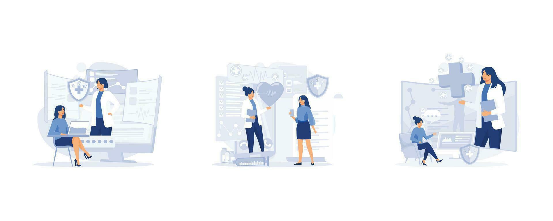 Mobile App for Online Doctor, Online medical services, doctor consultations and treatment using a smartphone, set flat vector modern illustration