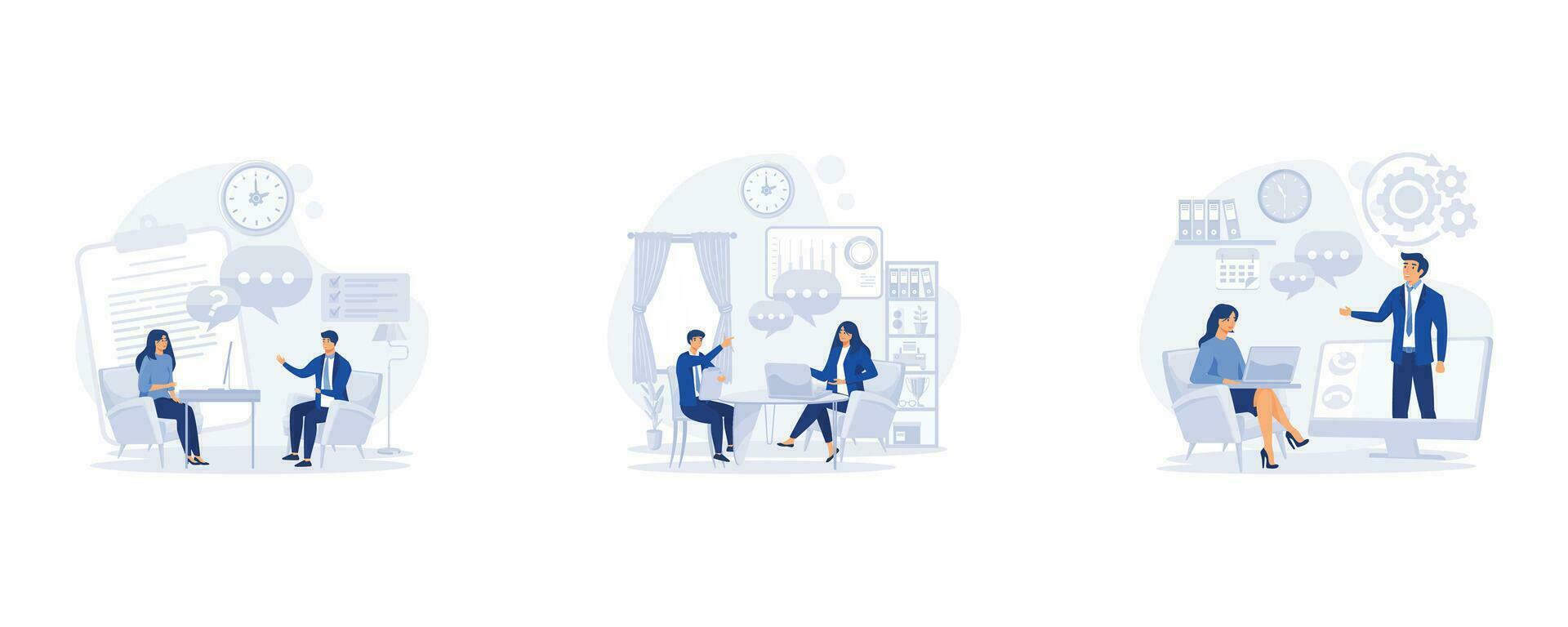 Job interview, Woman having a job interview with Businessman HR. Online interview, set flat vector modern illustration