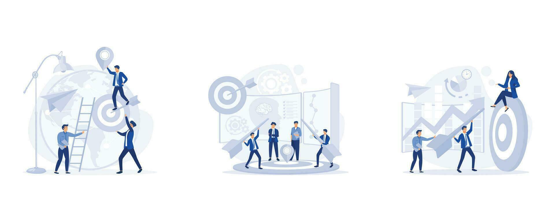 teamwork  concept, setting the right marketing target. Data analysis purchaser, company goals promotion, set flat vector modern illustration