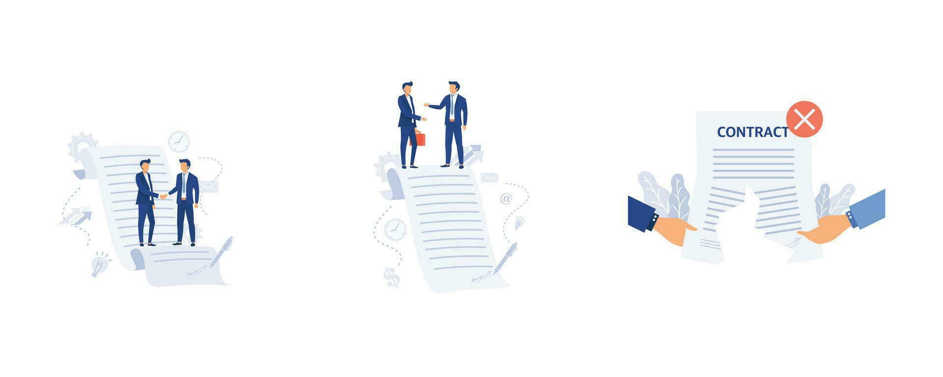 Agreement, Business people standing on a signed contract, Businessman in workspace, set flat vector modern illustration