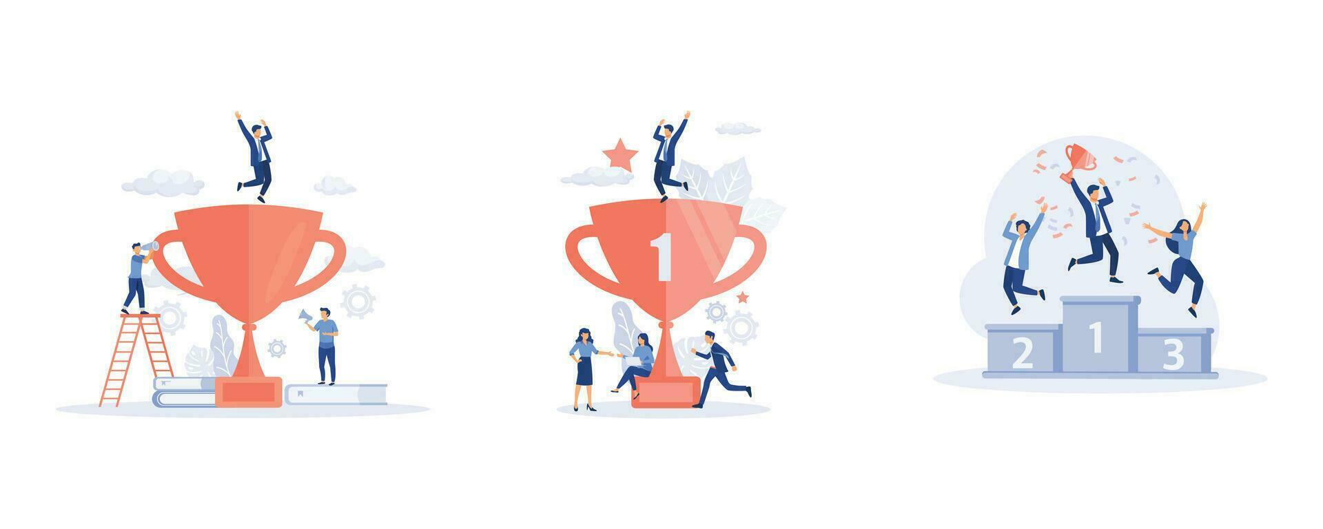 Success team concept, people celebrate success achievement, People standing on the podium rank first three places, set flat vector modern illustration