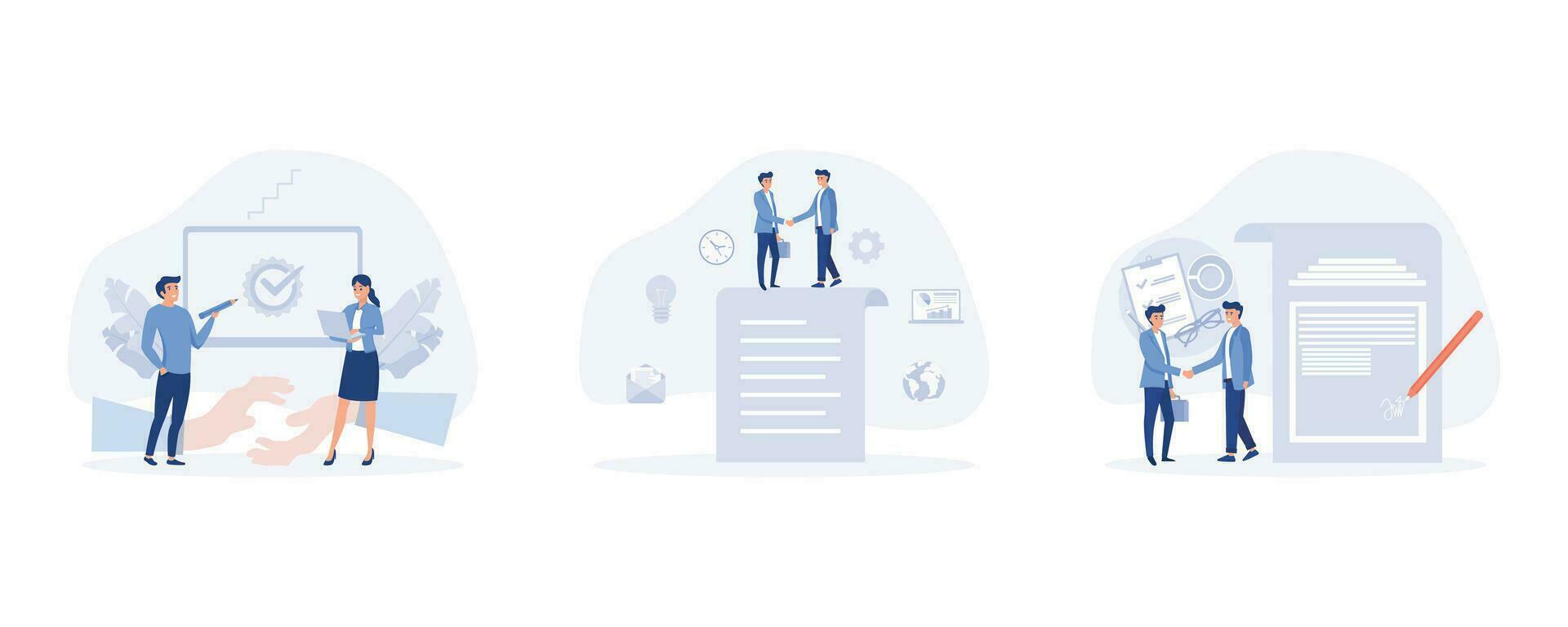 digital contract. signing digital document with electronic signature. people standing on a signed contract, set flat vector modern illustration