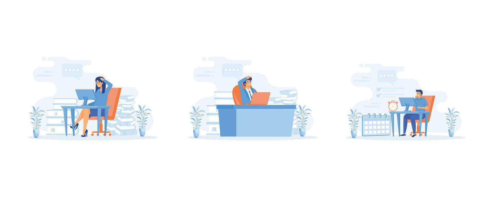 Overworked businesswoman, deadline, An Office Worker Overwhelmed by Work, set flat vector modern illustration