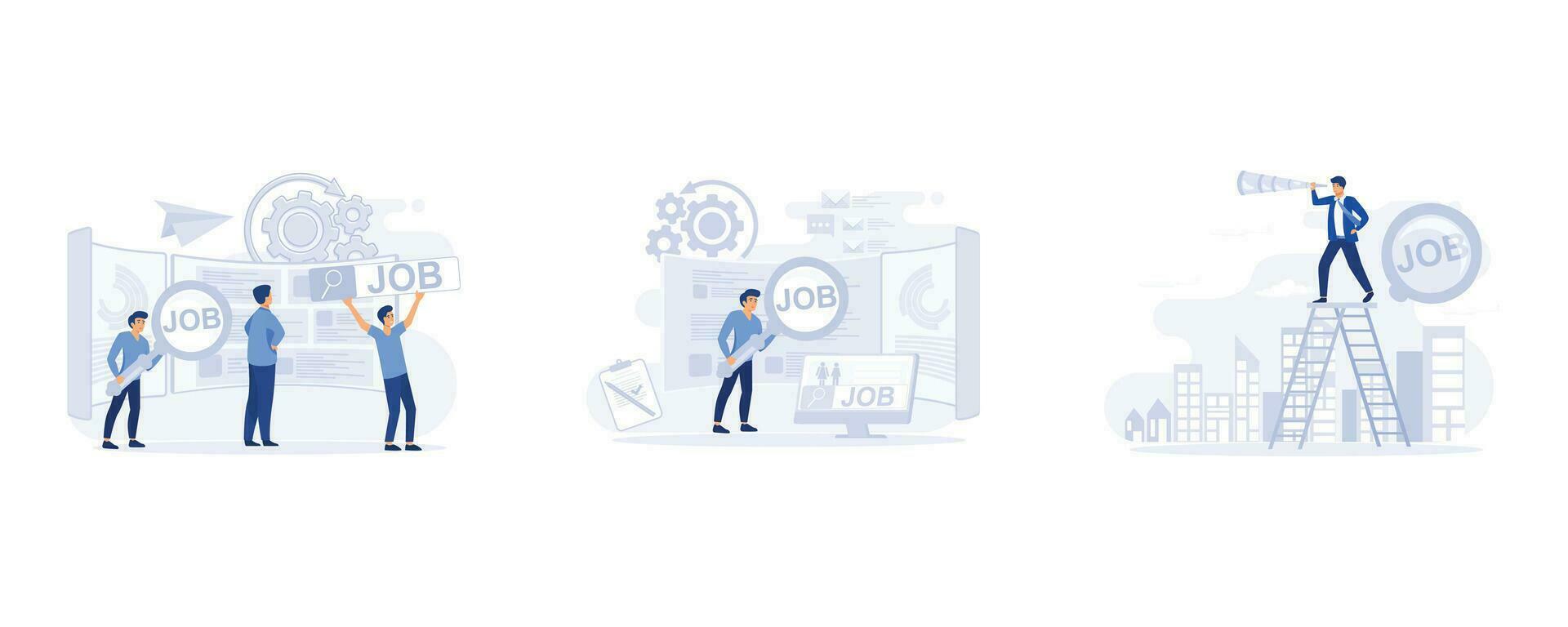 Recruitment. Head Hunting in social network, Find Job Online, find opportunity and seek for a new challenge, set flat vector modern illustration