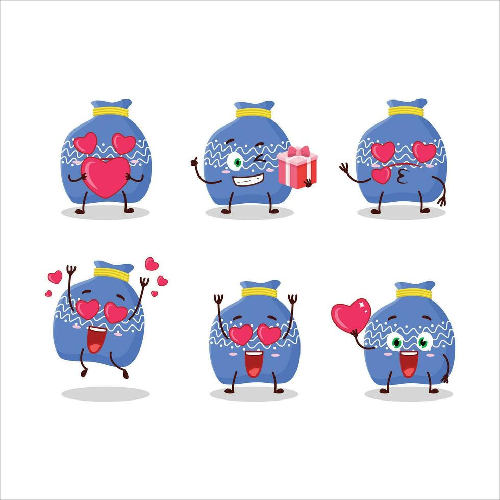 Blue santa bag cartoon character with love cute emoticon vector