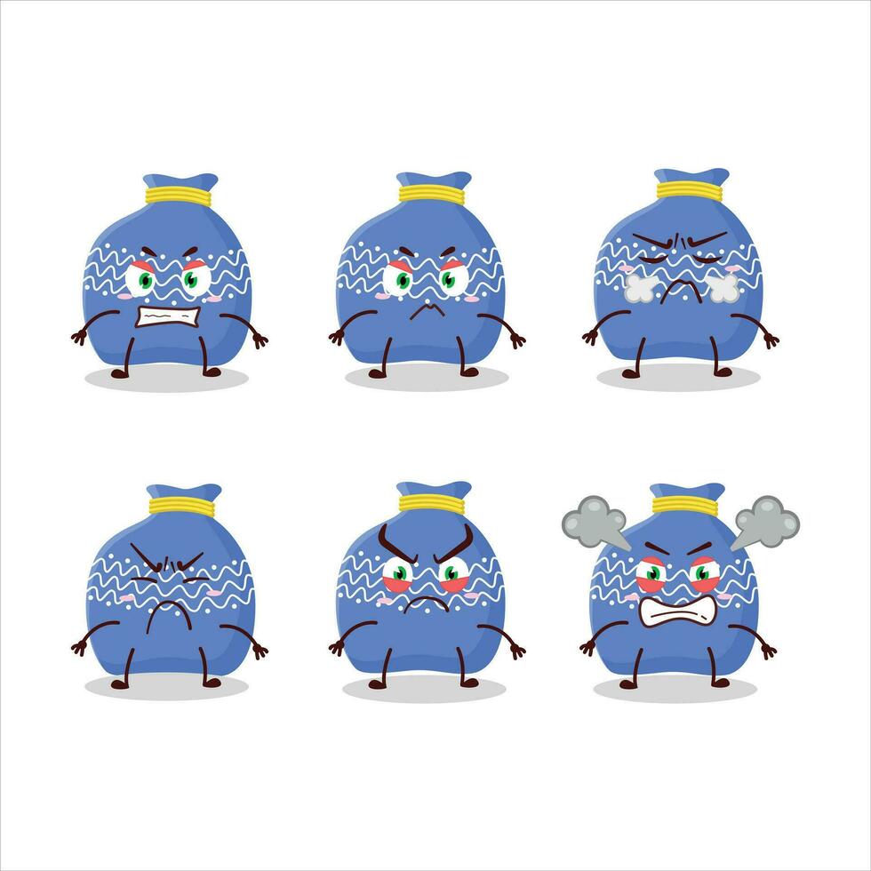 Blue santa bag cartoon character with various angry expressions vector