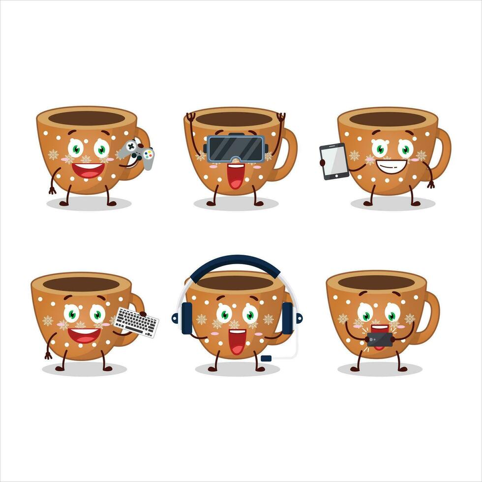 Coffee cookies cartoon character are playing games with various cute emoticons vector