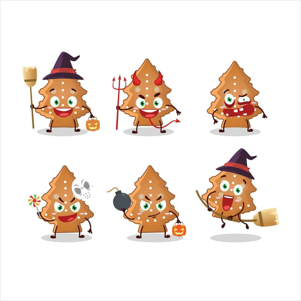 Víspera de Todos los Santos expresión emoticones con dibujos animados personaje de galletas árbol vector