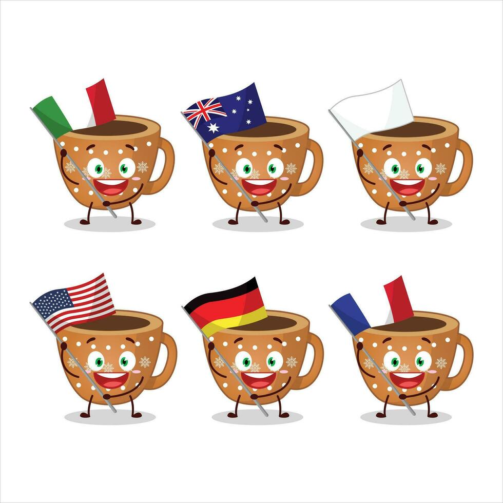 Coffee cookies cartoon character bring the flags of various countries vector