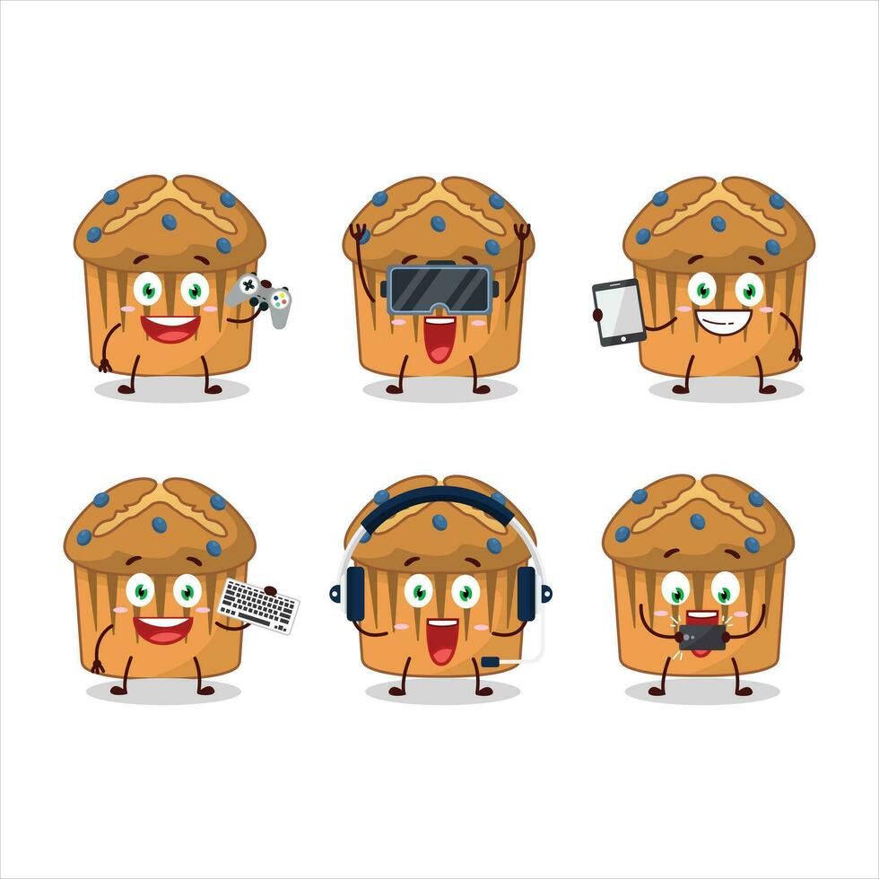 Blueberry muffin cartoon character are playing games with various cute emoticons vector