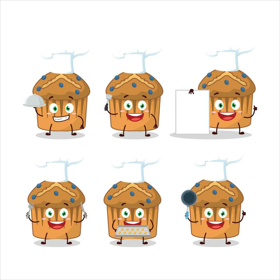 dibujos animados personaje de arándano mollete con varios cocinero emoticones vector