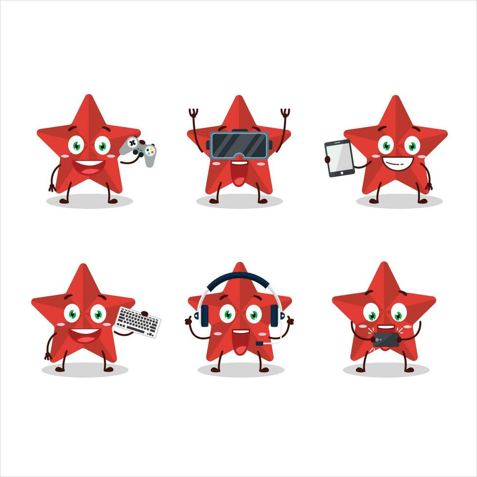 New red stars cartoon character are playing games with various cute emoticons vector