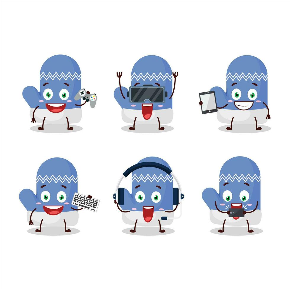 nuevo azul guantes dibujos animados personaje son jugando juegos con varios linda emoticones vector