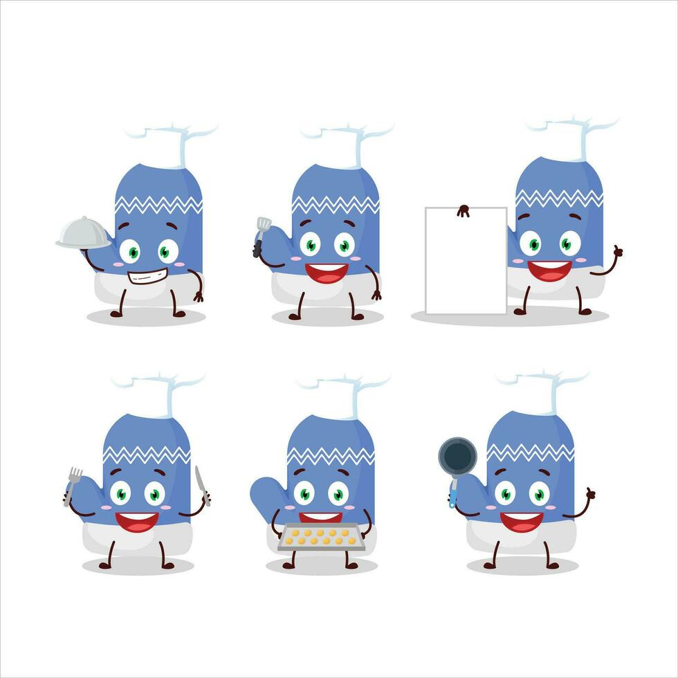 Cartoon character of new blue gloves with various chef emoticons vector