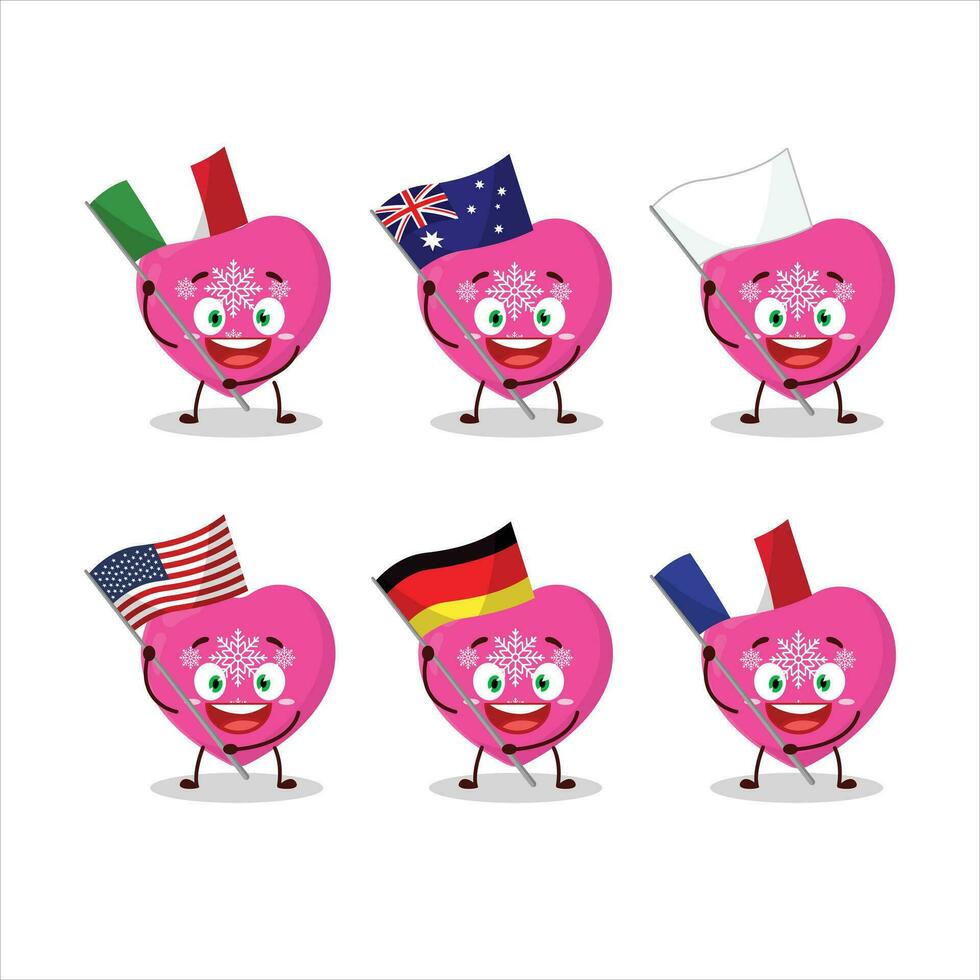 Love pink christmas cartoon character bring the flags of various countries vector