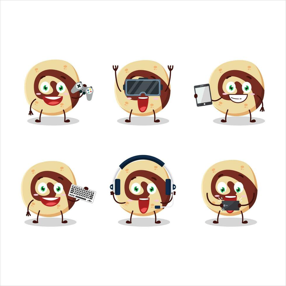 Spiral biscuit cartoon character are playing games with various cute emoticons vector