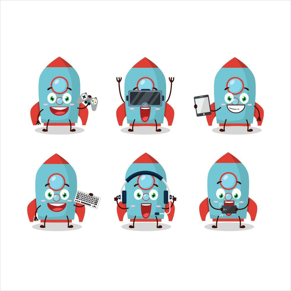 Blue rocket firecracker cartoon character are playing games with various cute emoticons vector